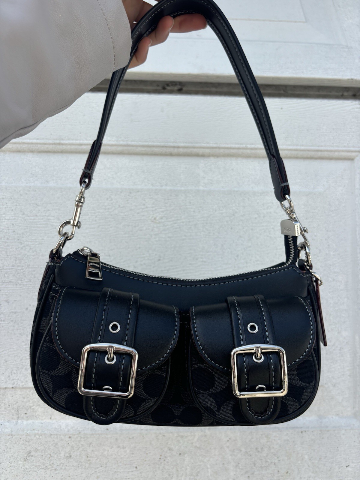 Coach Black Signature Ashton Denim Shoulder Bag Zip Detachable Strap Buckle new