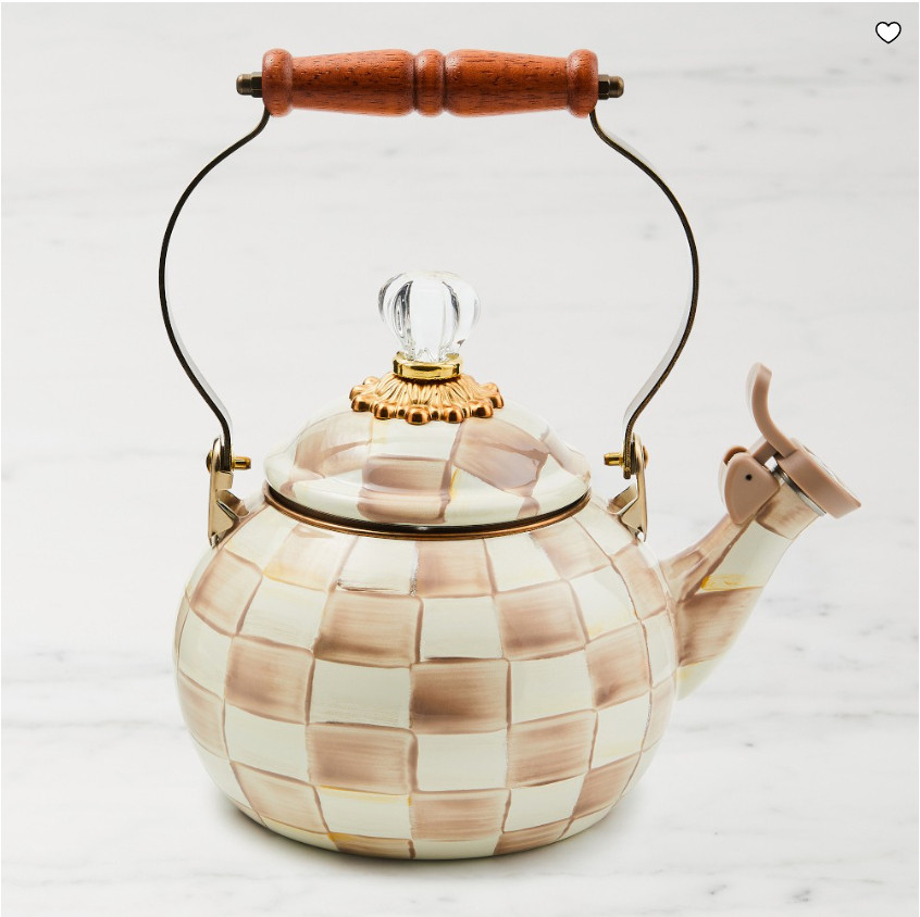 MacKenzie-Childs Mocha Check Whistling Tea Kettle, Stovetop Kettle, Kitchen Cook