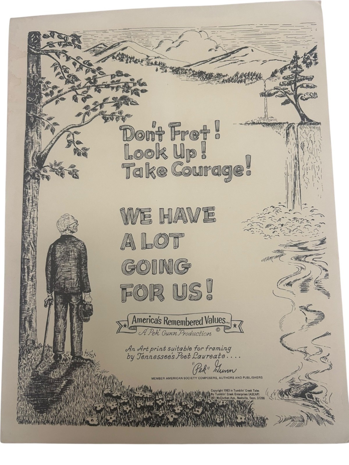 VTG 1963 Pek Gunn Art Print Tennessee Poet Laureate Tumblin’ Creek Folder 11x15\