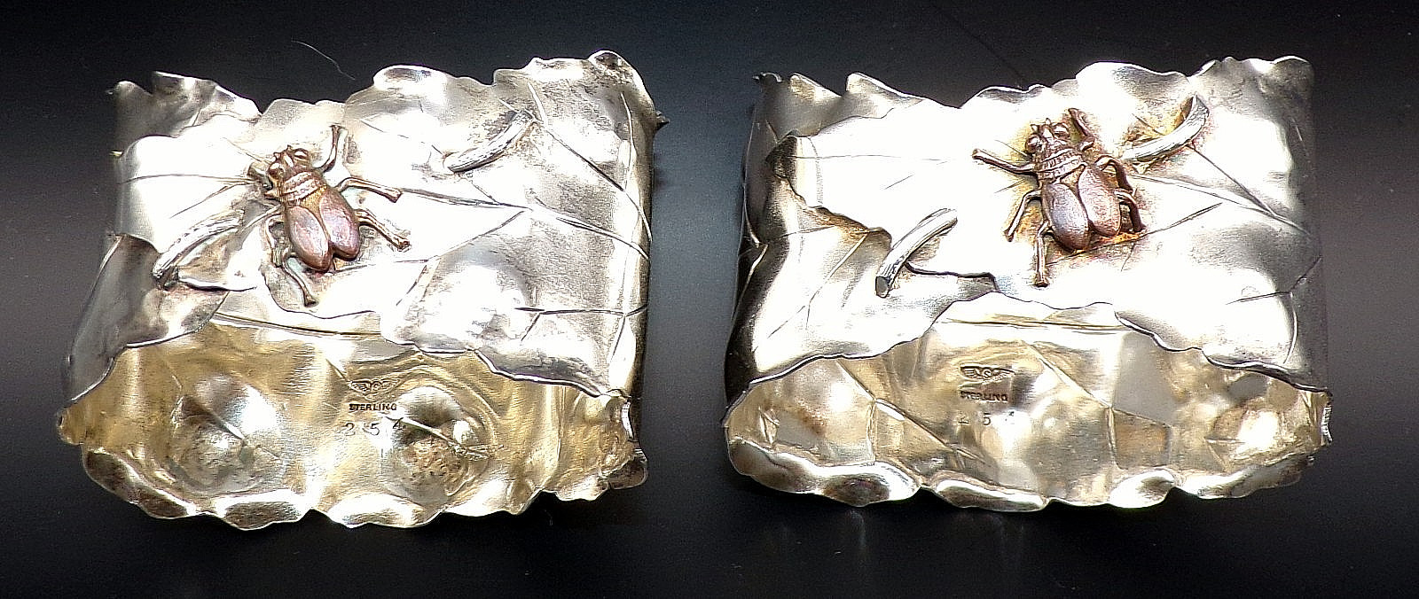 GEORGE W SHIEBLER S/2 Antique STERLING SILVER Leaf Fly RARE 1880\'s NAPKIN RINGS