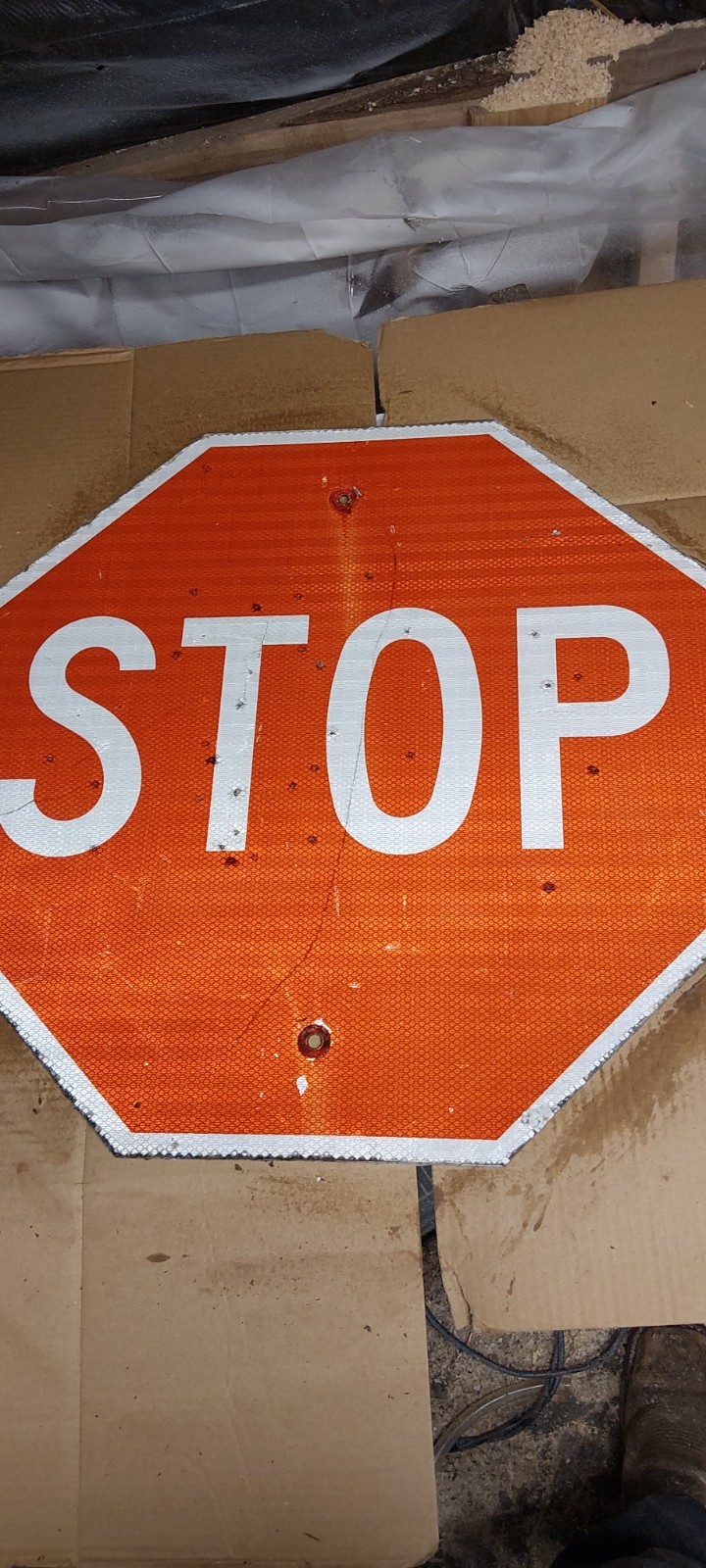 Vintage Aluminum Metal Retired Stop Sign 24x24 Inches Man Cave Barn Hanger