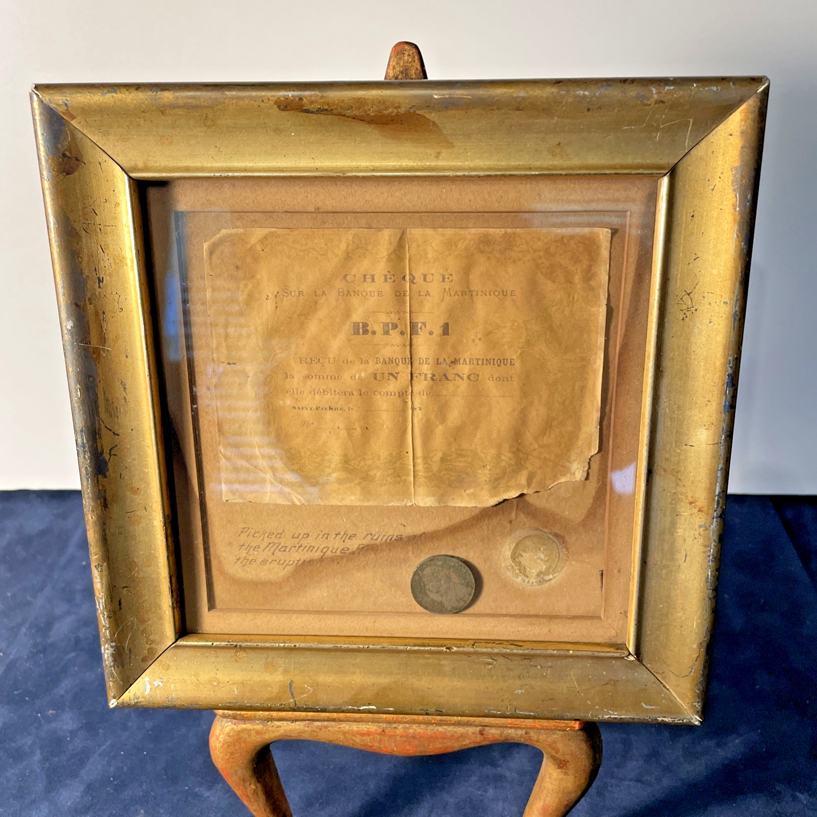 RARE 1902 Mt. Pelée Souvenir Framed Bank Check & Coin | Saint-Pierre Martinique