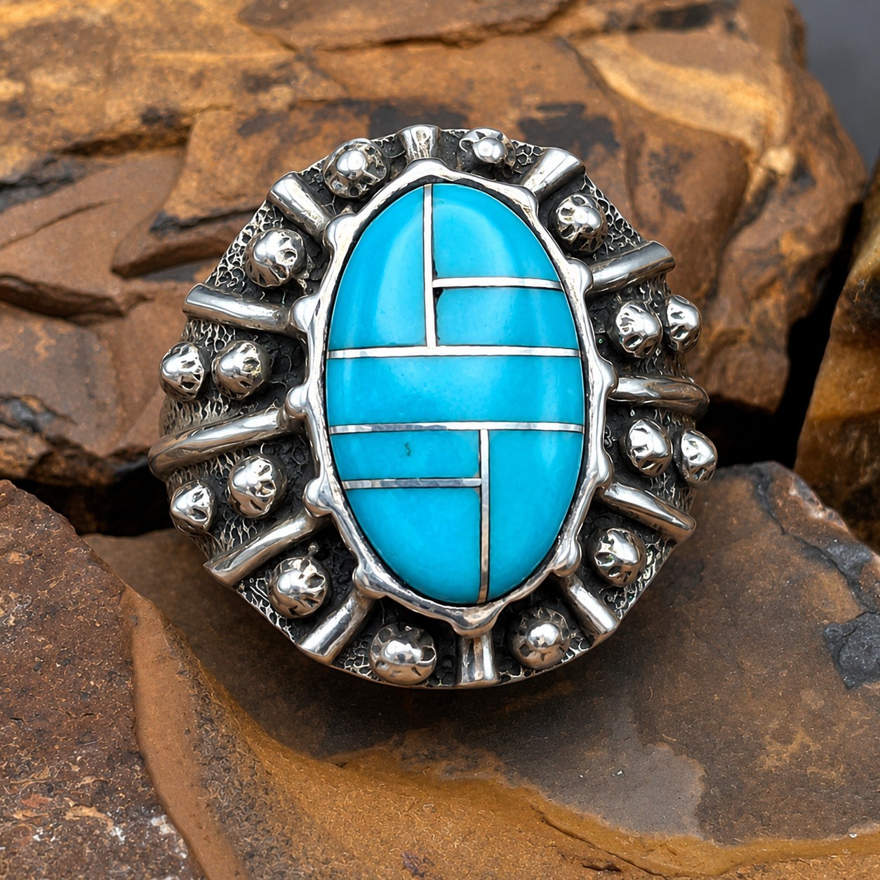 Leonard Marian Nez Signed Navajo Sterling Silver Sleeping Beauty Turquoise Ring