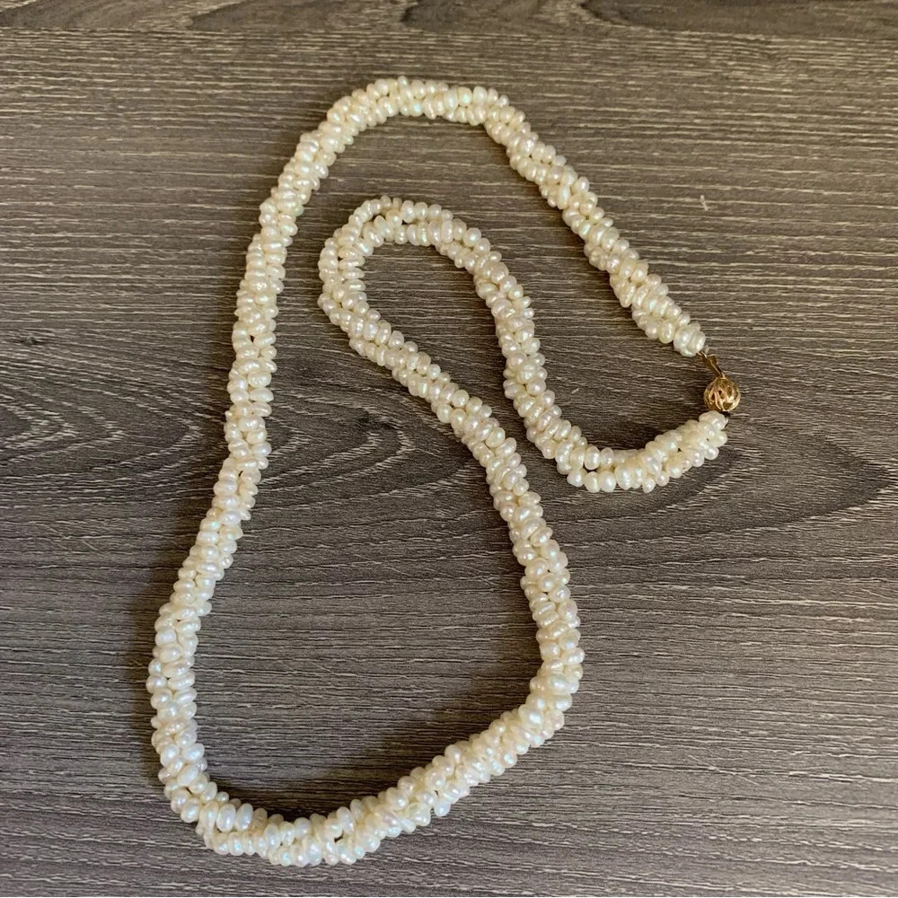 14K Gold Solid Genuine Freshwater Pearl Twist Necklace Vintage Triple Strand 14K Gold Solid Genuine Freshwater Pearl Twist Necklace Vintage Triple Strand