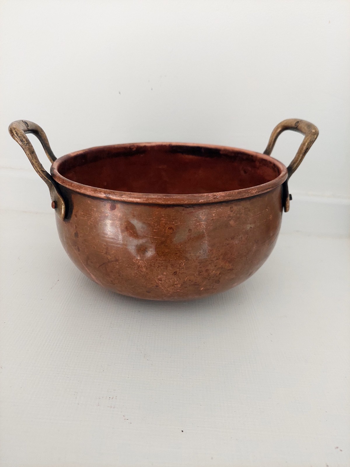 Vintage French Style Hammered Copper Jam Pan Small Basin Bowl Twin Brass Handles