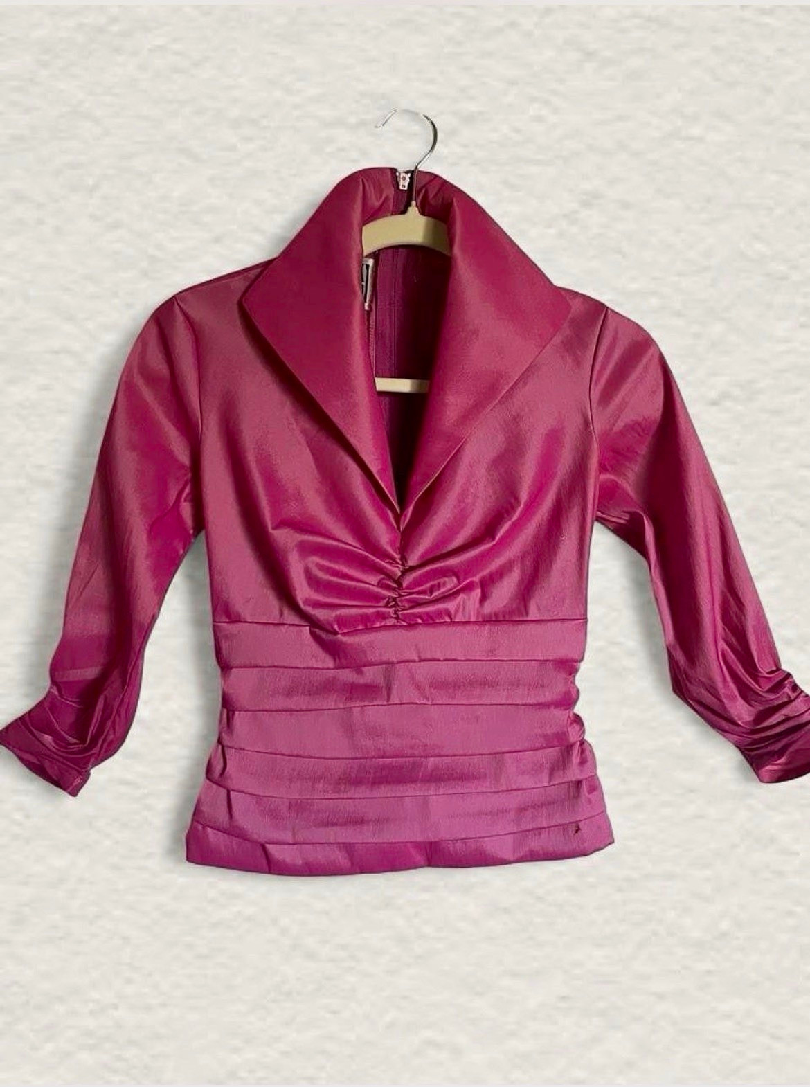 VTG 1980s Tadashi Shoji Pink Taffeta Blouse Ruched V-Neck Portrait Collar UK 4