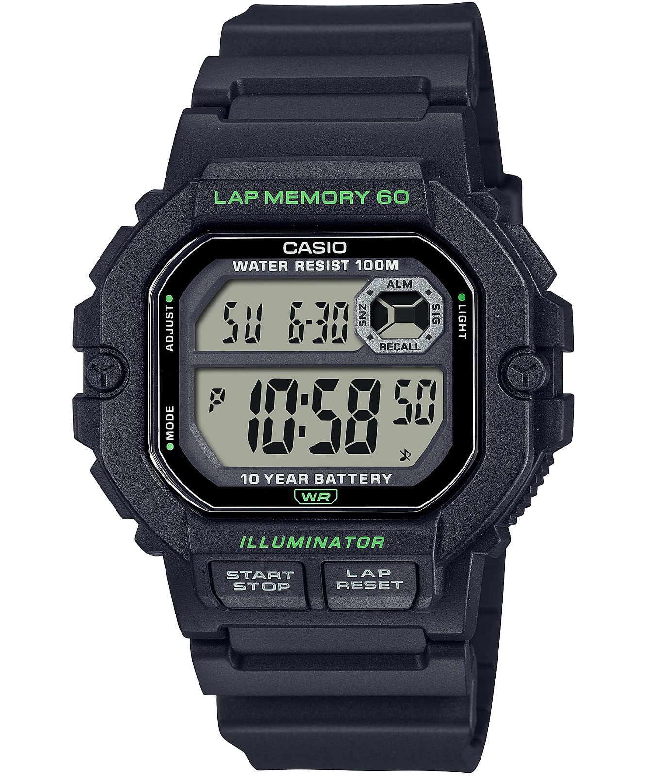 Casio LED Illuminator Lap Memory Black Resin Men\'s Sports Watch WS-1400H-1AVCF