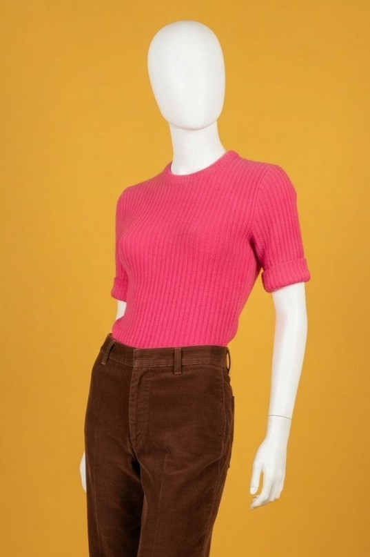 Vintage 1970s Basic Ribbed Knit Bubblegum Pink Short Sleeve Sweater Top Size S/M