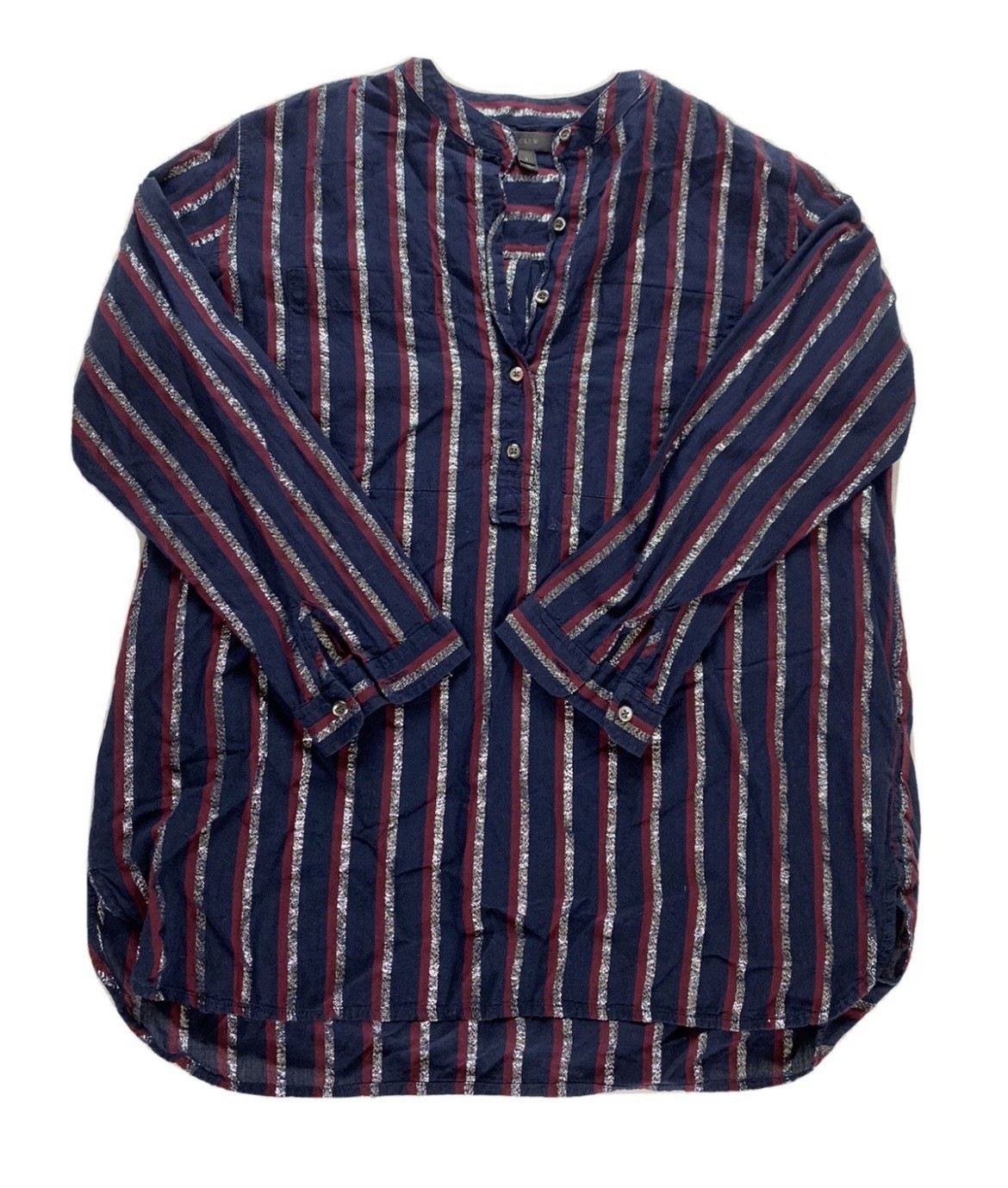 J. Crew 1/2 Button Long Sleeve Striped Shirt Navy Blue Metallic Silver Womens 0 J. Crew 1/2 Button Long Sleeve Striped Shirt Navy Blue Metallic Silver Womens 0