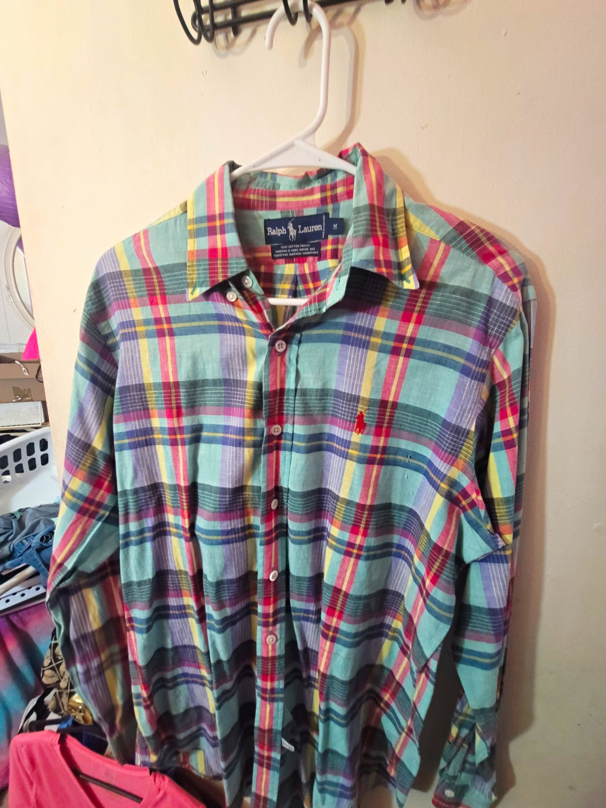 Vintage Polo Ralph Lauren Mens M Madras Plaid Shirt Long Sleeve Hand Woven Pony