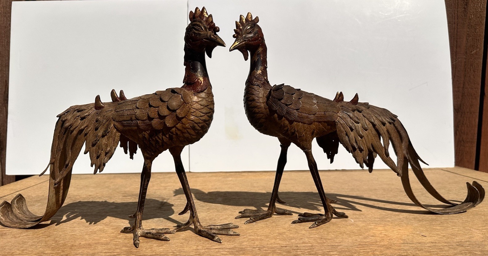 Pair Of Large Meiji Era 1868-1912 Japanese Bronze Art Phoenix 12” X 15” (As Is)