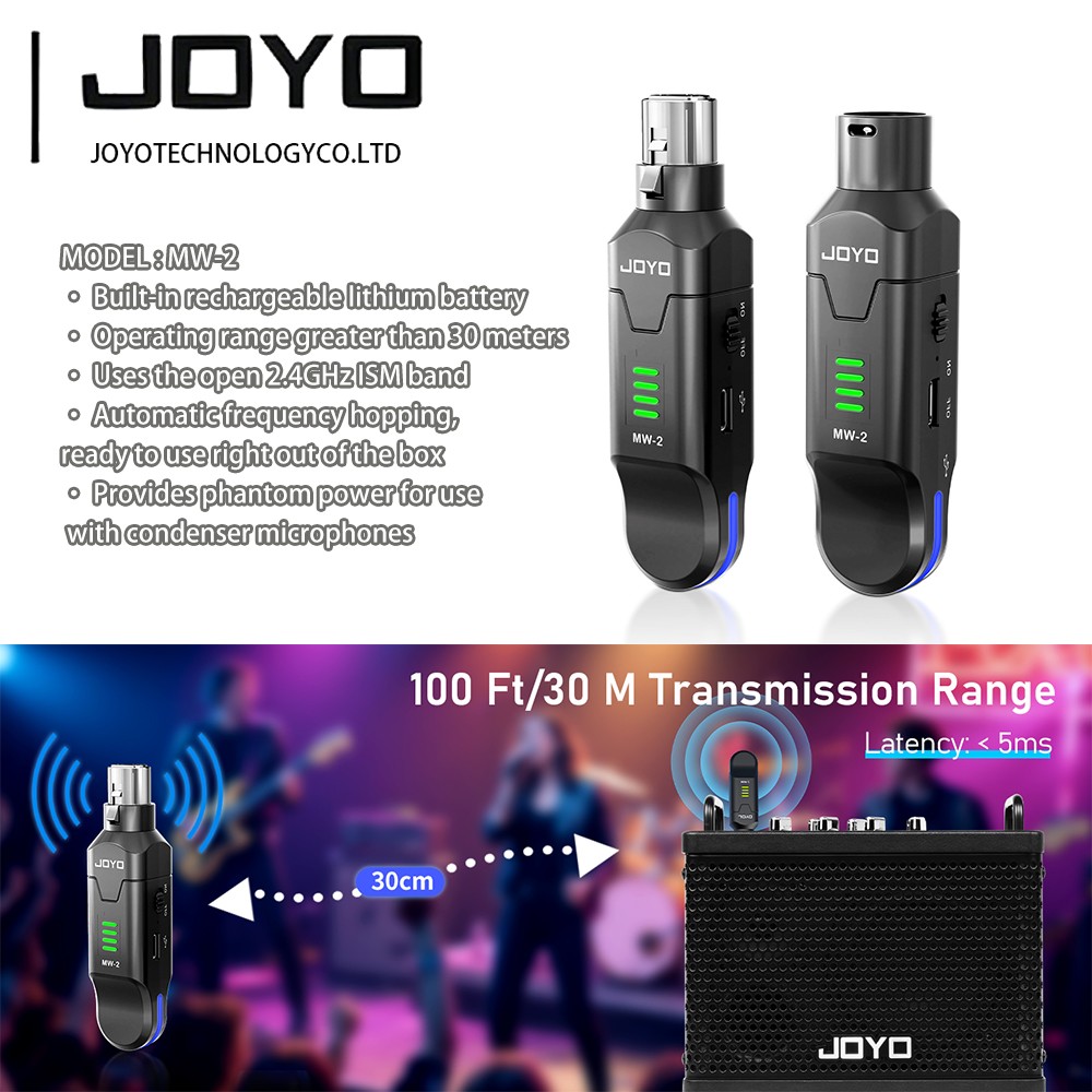 JOYO MW-2 Wireless XLR Microphone System 2.4GHz 48V Phantom Dynamic Condenser