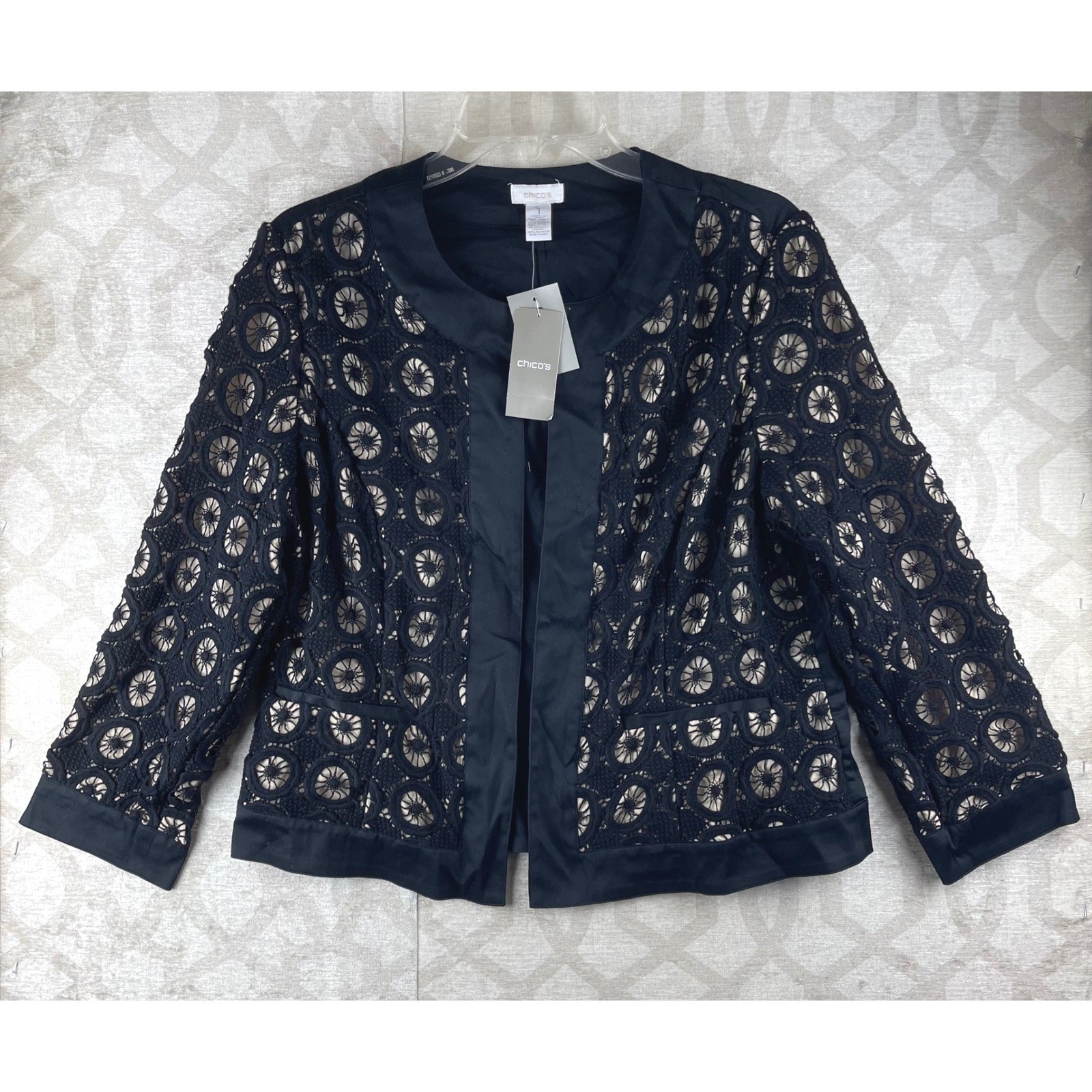 Chico\'s Modern Lace Jacket Open Front Women 1 Medium Black NWT Embroidered