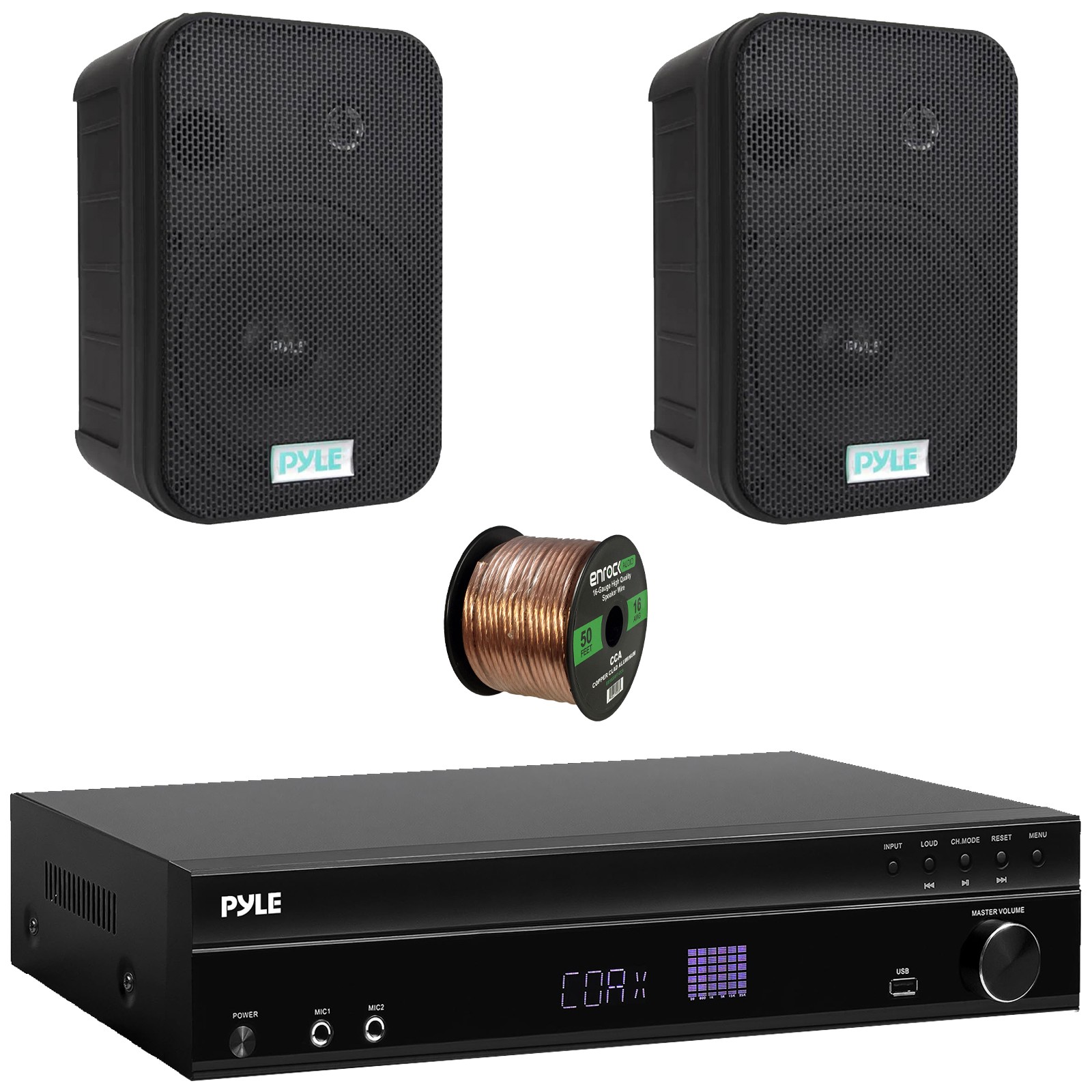 Pyle PT875BT 5.2CH Audio Amp Receiver, 2x 6.5\'\' 500W Waterproof Speakers, Wire