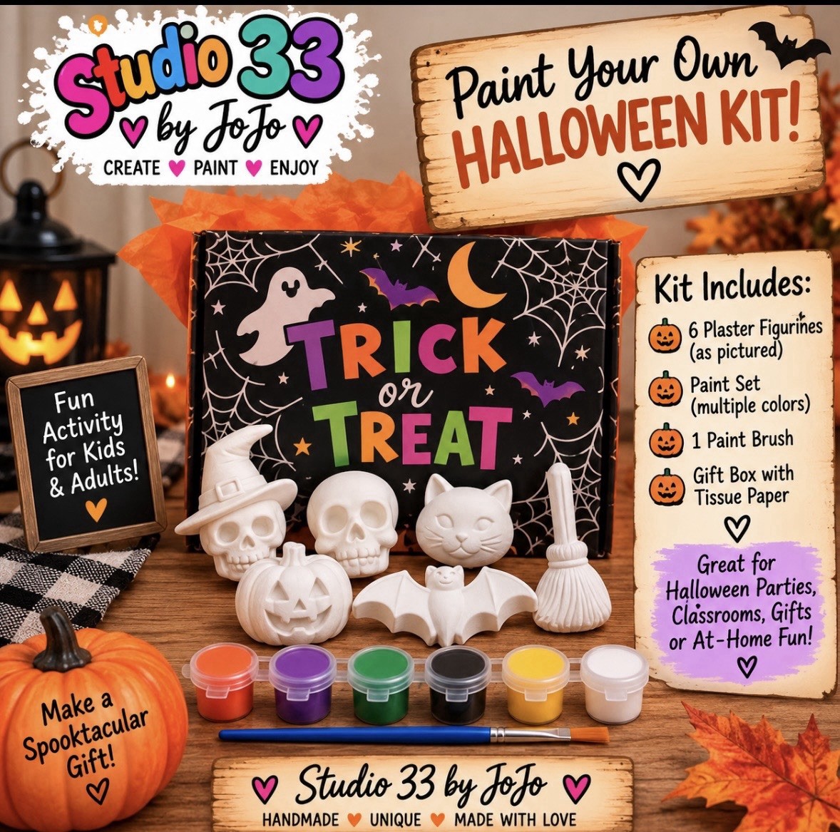 Studio 33 by JoJo Paint Your Own Halloween Kit Handmade Plaster Figures Set