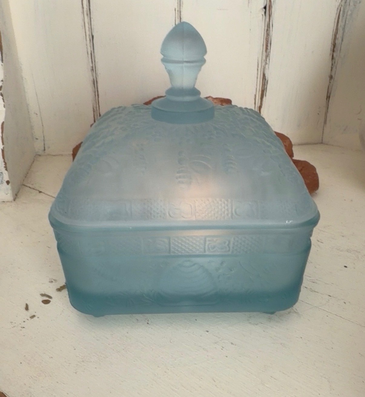 Indiana Glass Tiara Frosted Blue Satin Honey Bee Hive Footed Candy Dish with Lid