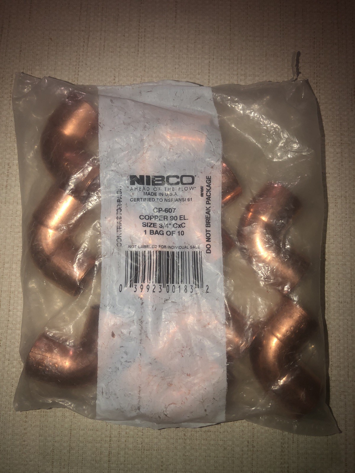 NIBCO CP-607 3/4 in Copper 90 Elbow CxC Sweat Fittings, Bag of 10 NEW OLD STOCK NIBCO CP-607 3/4 in Copper 90 Elbow CxC Sweat Fittings, Bag of 10 NEW OLD STOCK