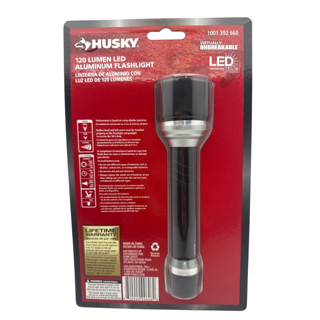 Husky 120 Lumen LED Aluminum Flashlight Unbreakable High Power With Batteries
