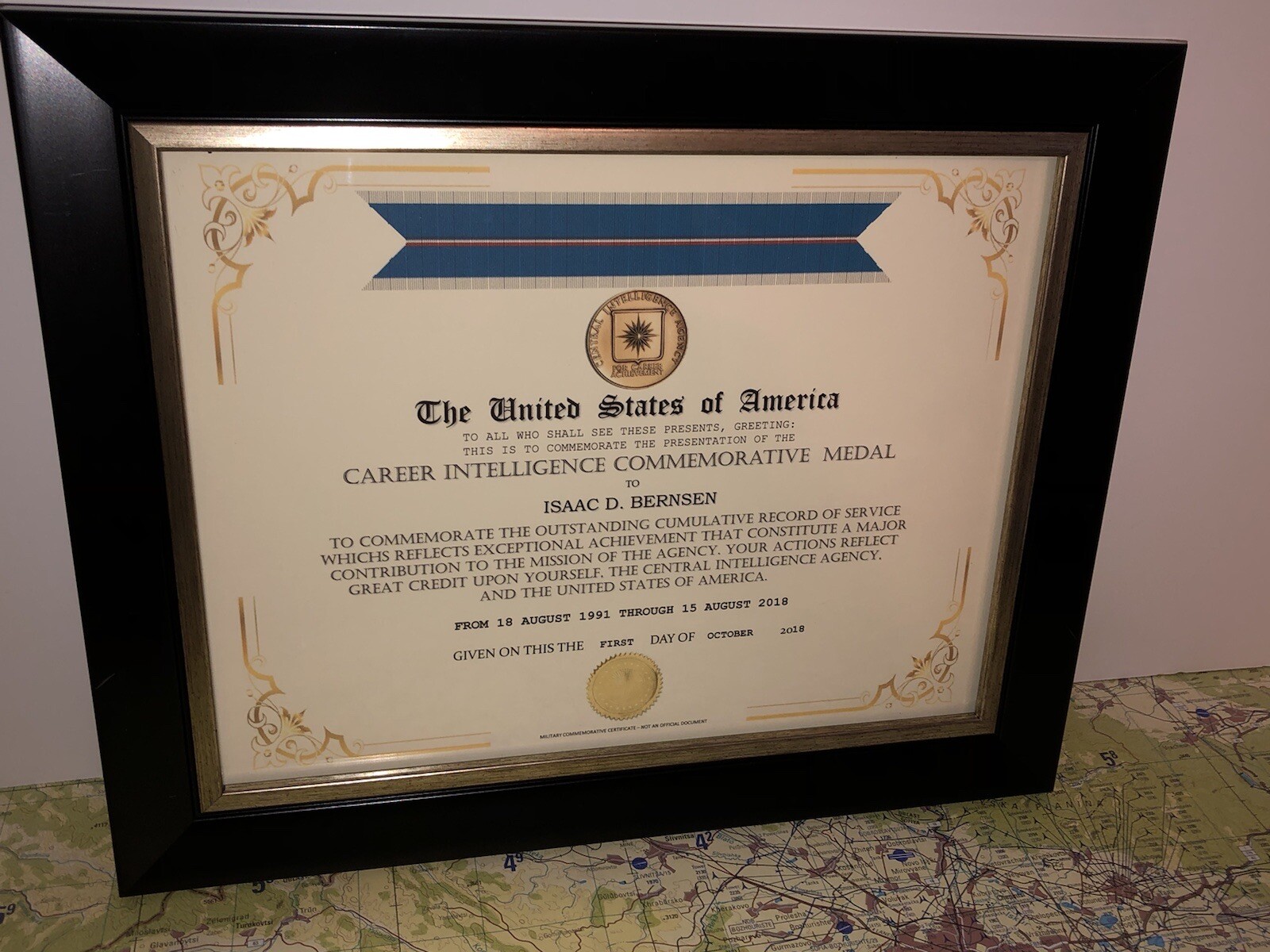 CIA - CAREER INTELLIGENCE COMMEMORATIVE MEDAL CERTIFICATE Type-1