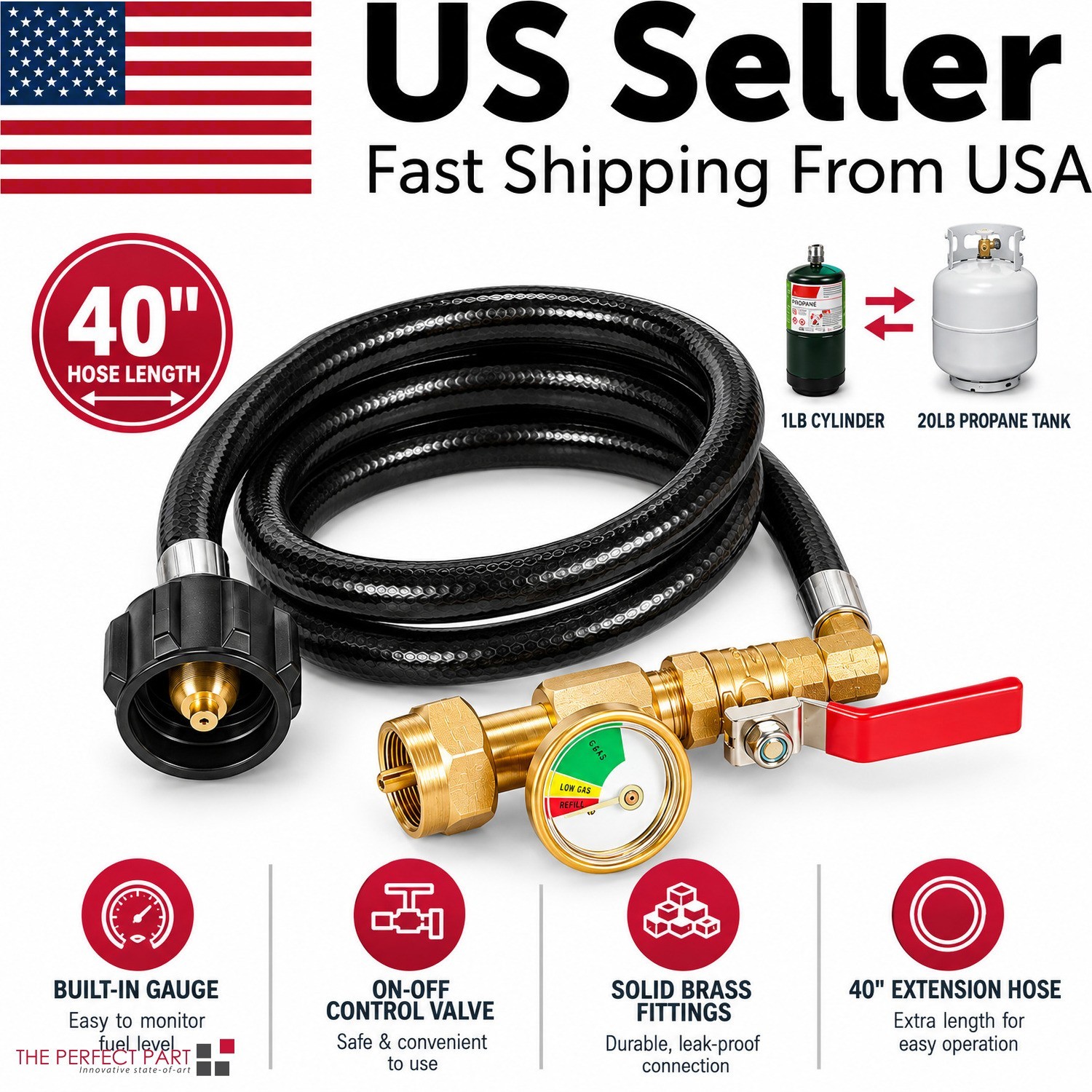 1LB To 20LB Propane Refill Adapter Extension Hose With Gauge On-Off Control 40\'\'