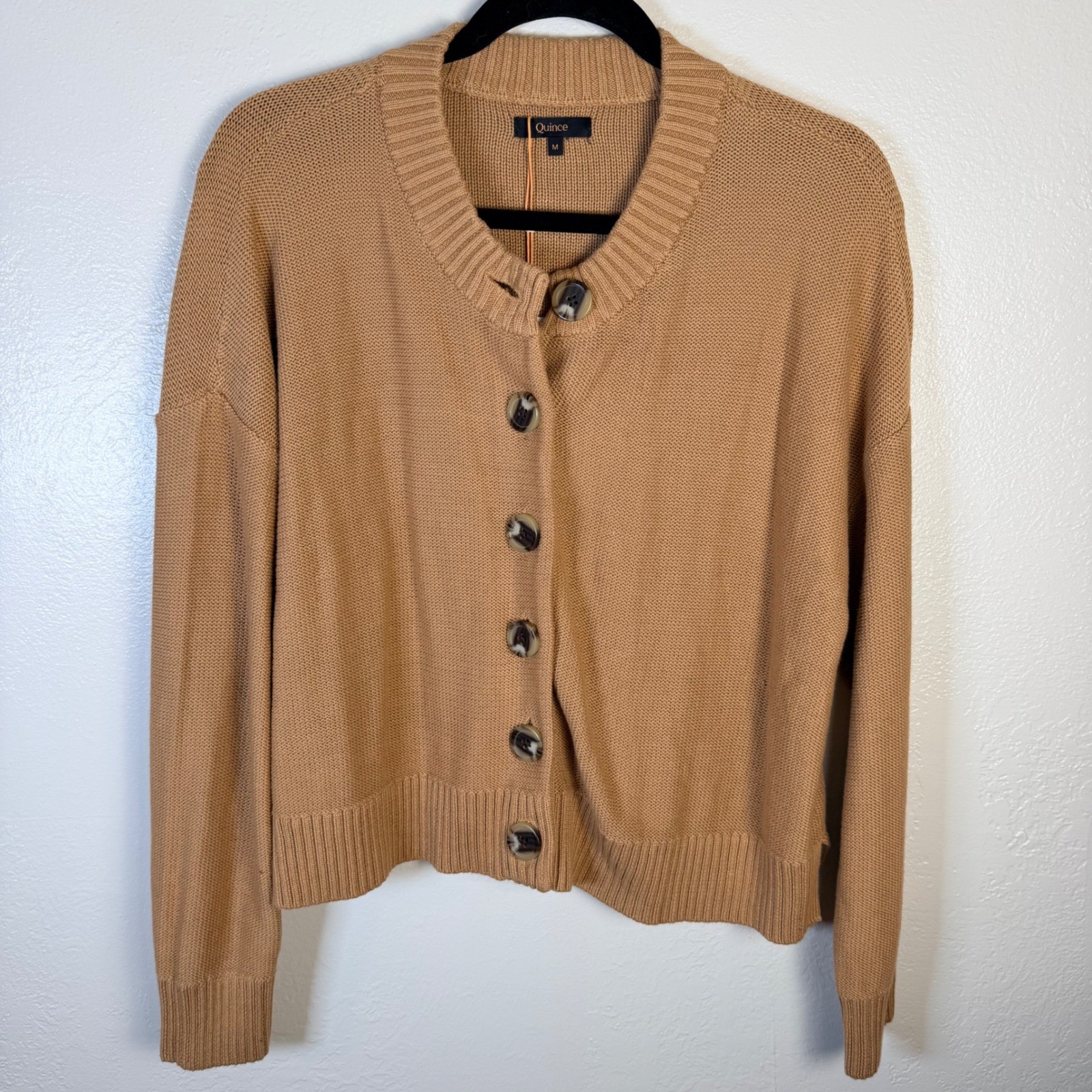 New Quince Women\'s M 100% Organic Cotton Cropped Cardigan Camel Brown