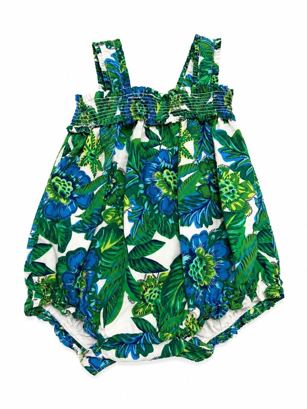 Janie and Jack Floral Bubble Romper Baby Girl Green Blue Smocked One-Piece