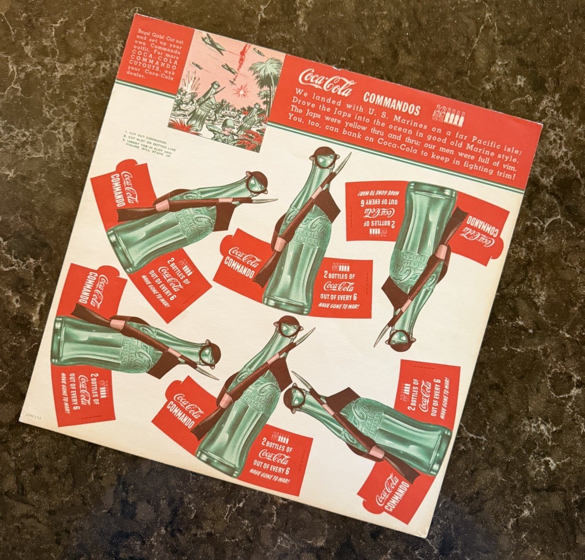 Vintage 1940's COCA-COLA Commandos WW2 Paper Activity Sheet Sign UNCUT COMPLETE Vintage 1940's COCA-COLA Commandos WW2 Paper Activity Sheet Sign UNCUT COMPLETE