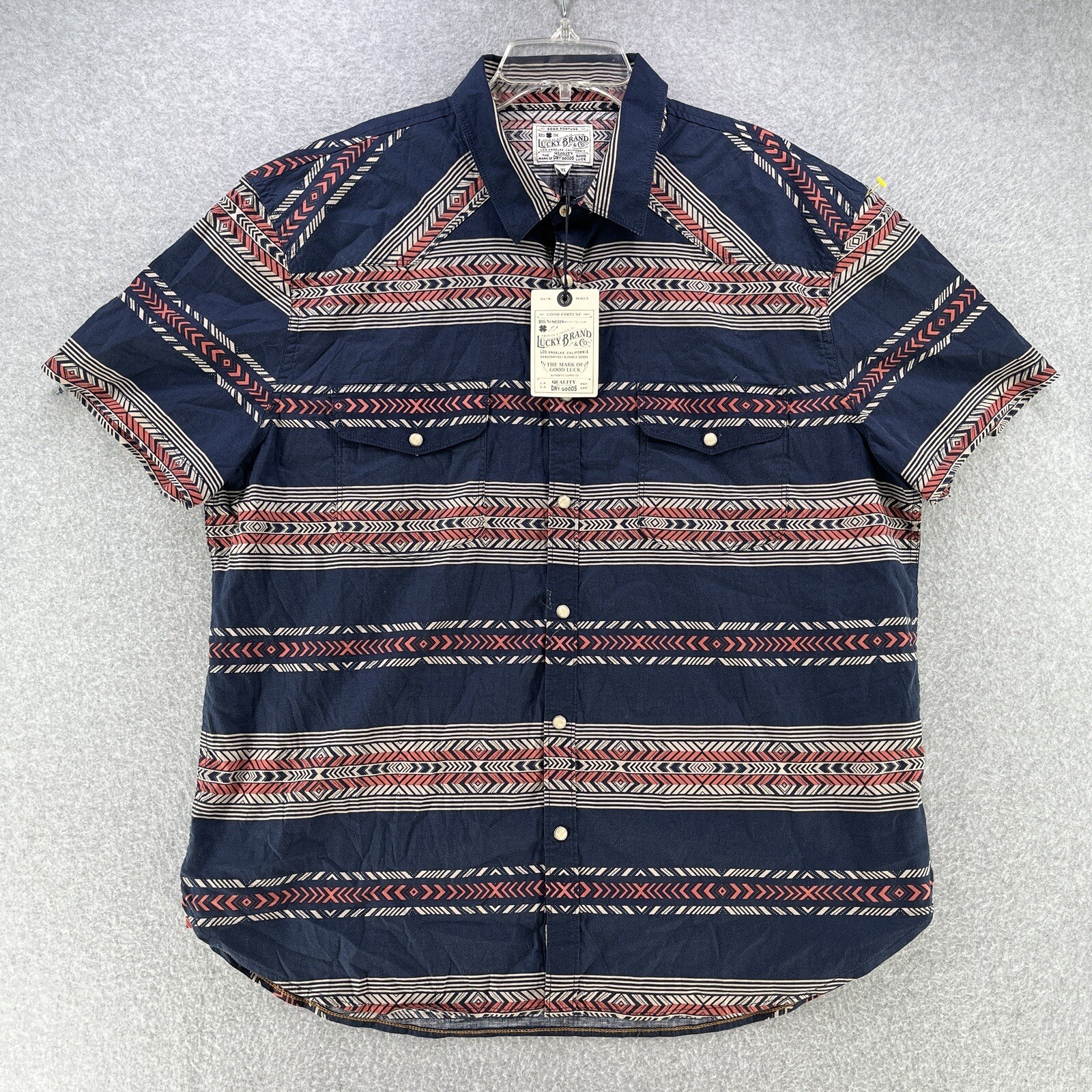 NWT Lucky Brand Mens Button-Up XL X-Large Pearl Snap Geometric Stripes Camisa