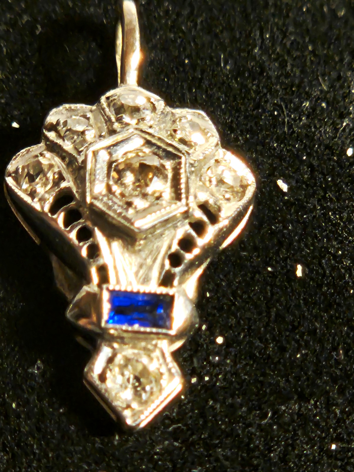 Vintage 10k White Gold Pendant Blue Stone with Center Diamond and Gemstones