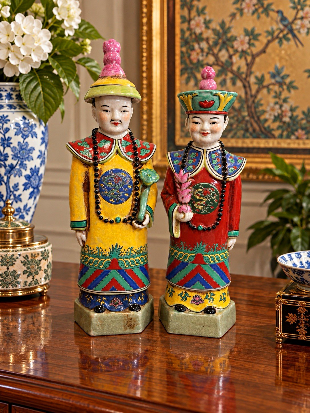 Pair Chinese Porcelain Court Figure Statues Chinoiserie Crackle Glaze 