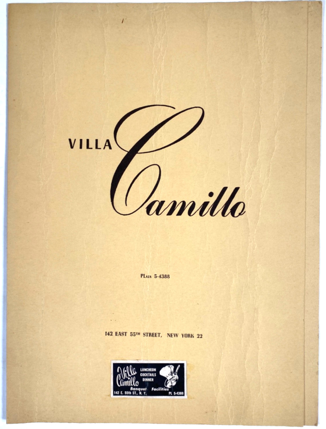 1940s VILLA CAMILLO RESTAURANT vtg Italian dinner menu N.Y.C., 142 East 55th St.