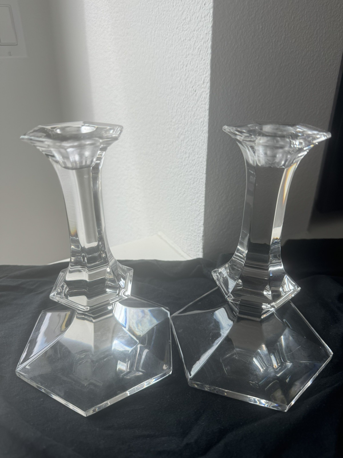 Pair VTG Val St. Lambert Elysee Crystal Candlesticks Signed Belgian Modernist