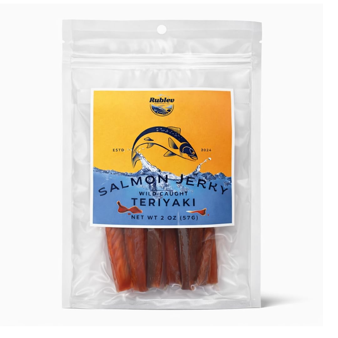 Rublev Salmon Jerky Teriyaki Flavor - Wild Caught Dried Fish Strips, High Protei Rublev Salmon Jerky Teriyaki Flavor - Wild Caught Dried Fish Strips, High Protei