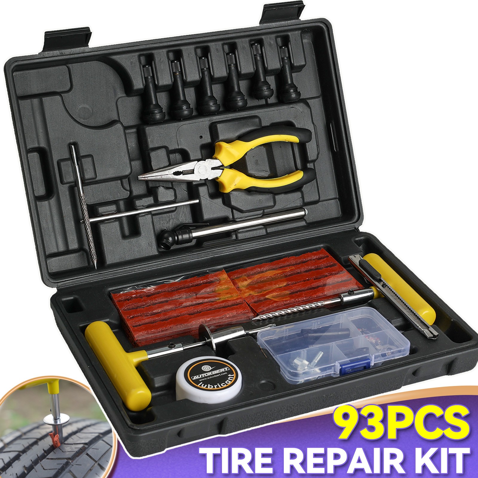 93Pc Set Tire Repair Kit Plug Car Truck Motorcycle DIY Flat Puncture Patch Tool 93Pc Set Tire Repair Kit Plug Car Truck Motorcycle DIY Flat Puncture Patch Tool