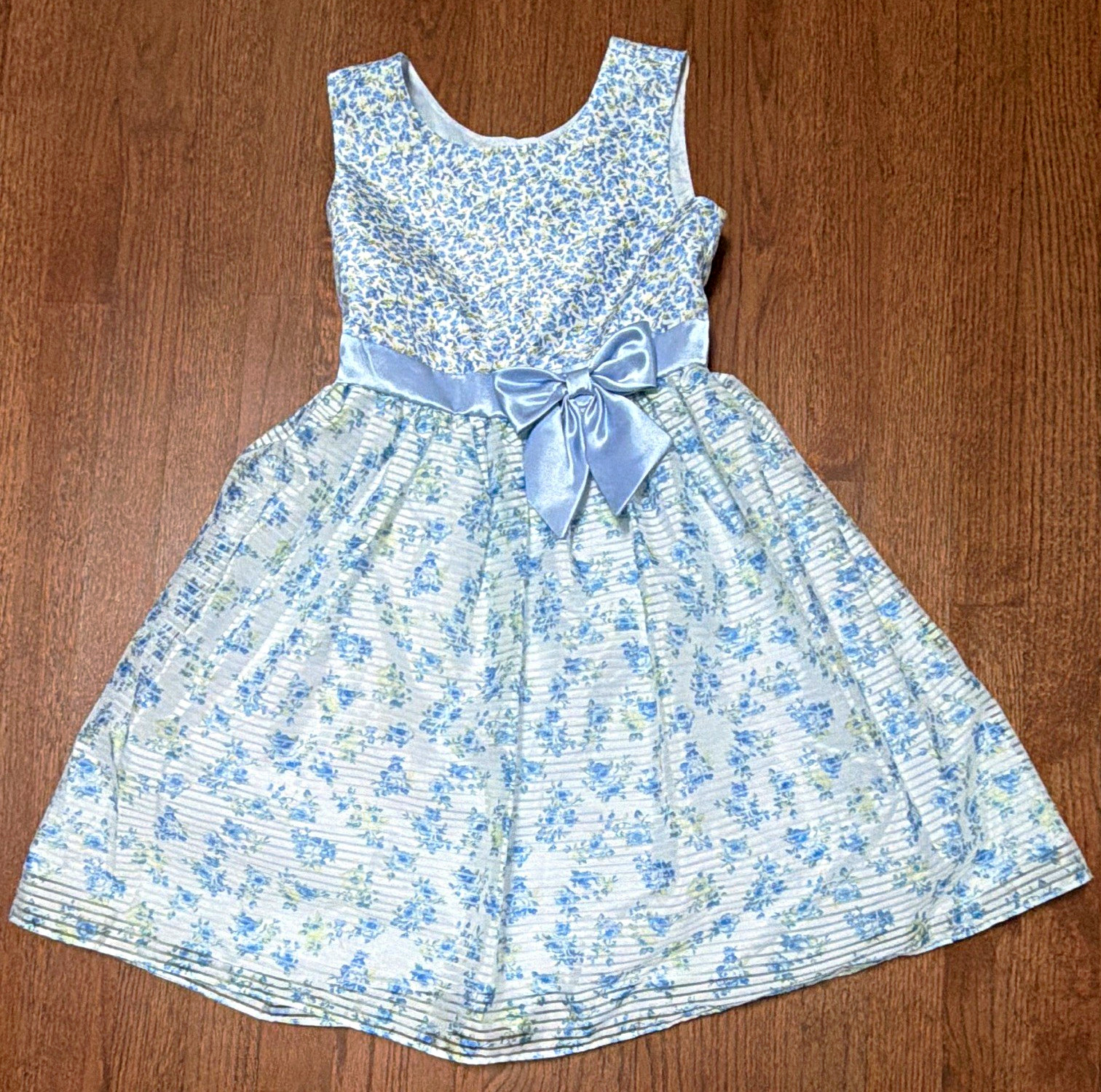 Jona Michelle Girls 10 Blue/White Floral A-Line Sleeveless Bow Lined Dress