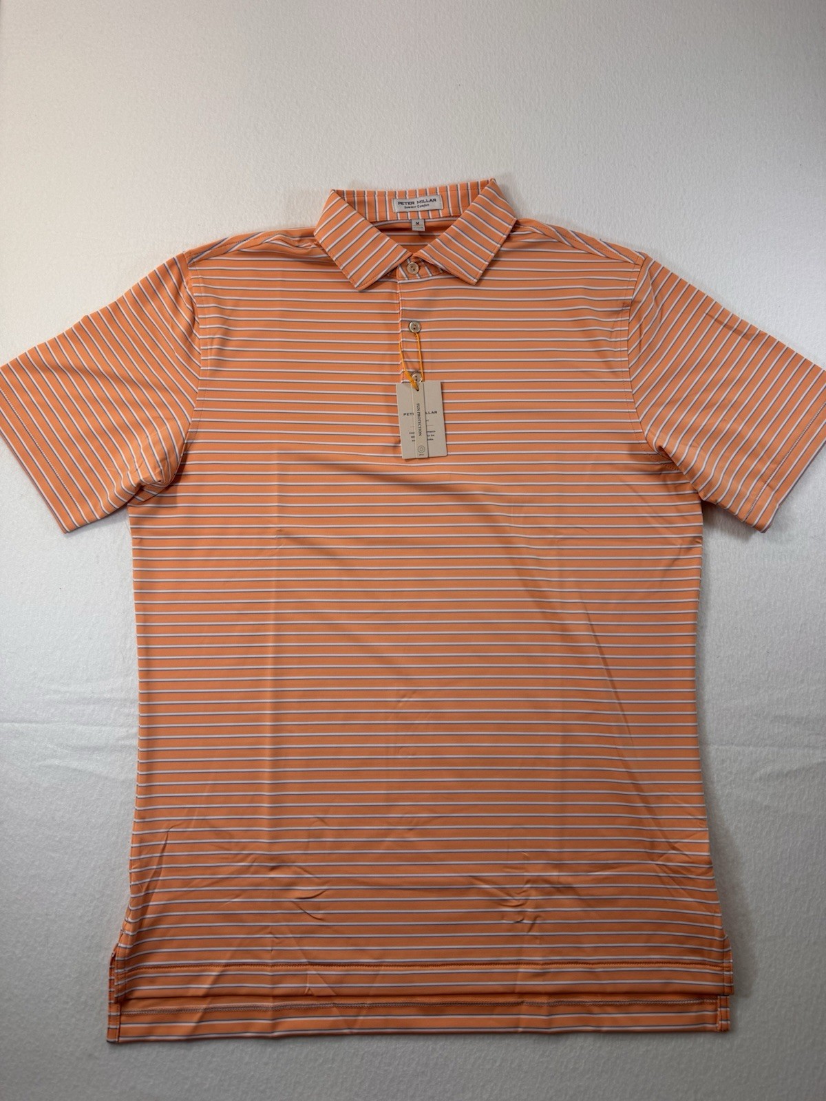 Peter Millar Summer Comfort Polo Mens Medium Orange Striped UPF Golf Outdoor NWT