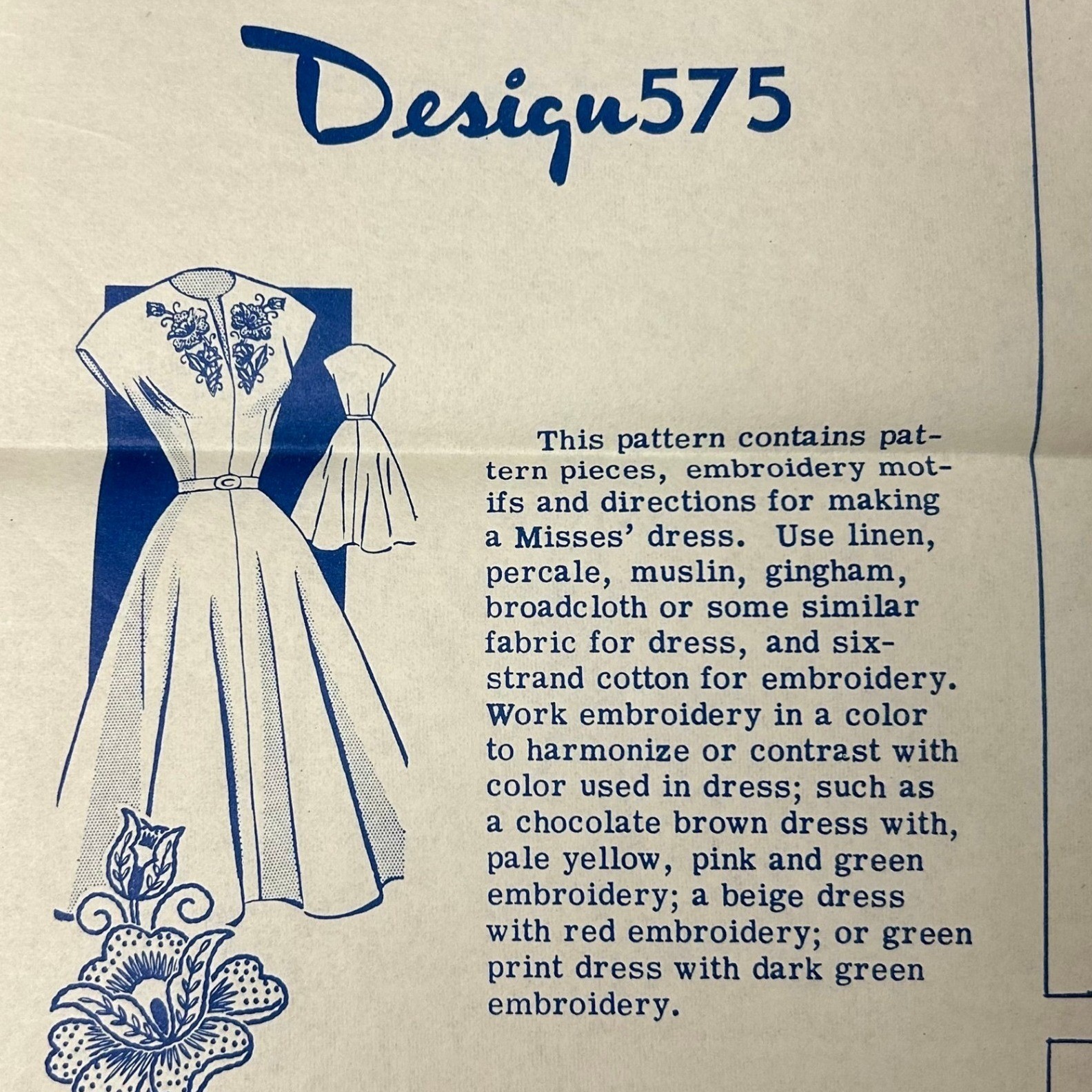Vintage 1950s Mail Order Pattern 575 Misses Flare Dress Embroidery Size 14