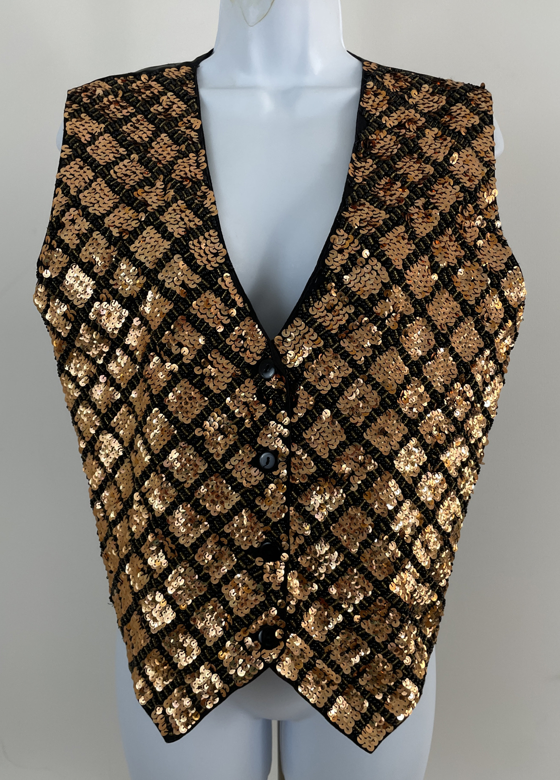 CREAZIONI EFFECI Vintage Gold/Black Sequin & Bead Button Close Vest Sz M