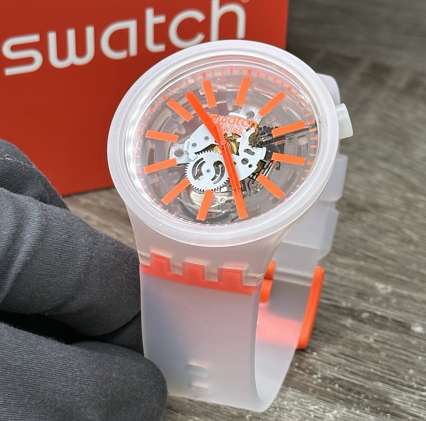 NEW✅SKELETON✅ Swatch Big Bold ORANGEINJELLY Transparent Men\'s Watch SO27E102