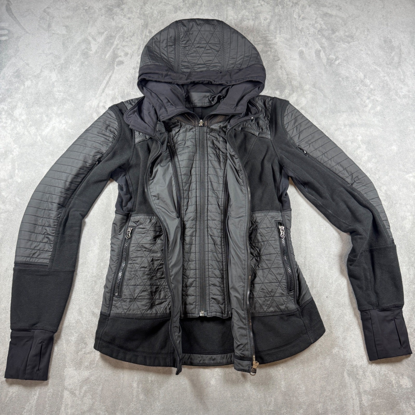 Lululemon Fleecy Keen III Jacket Size 6 Black Hooded Quilted Fleece Convertible