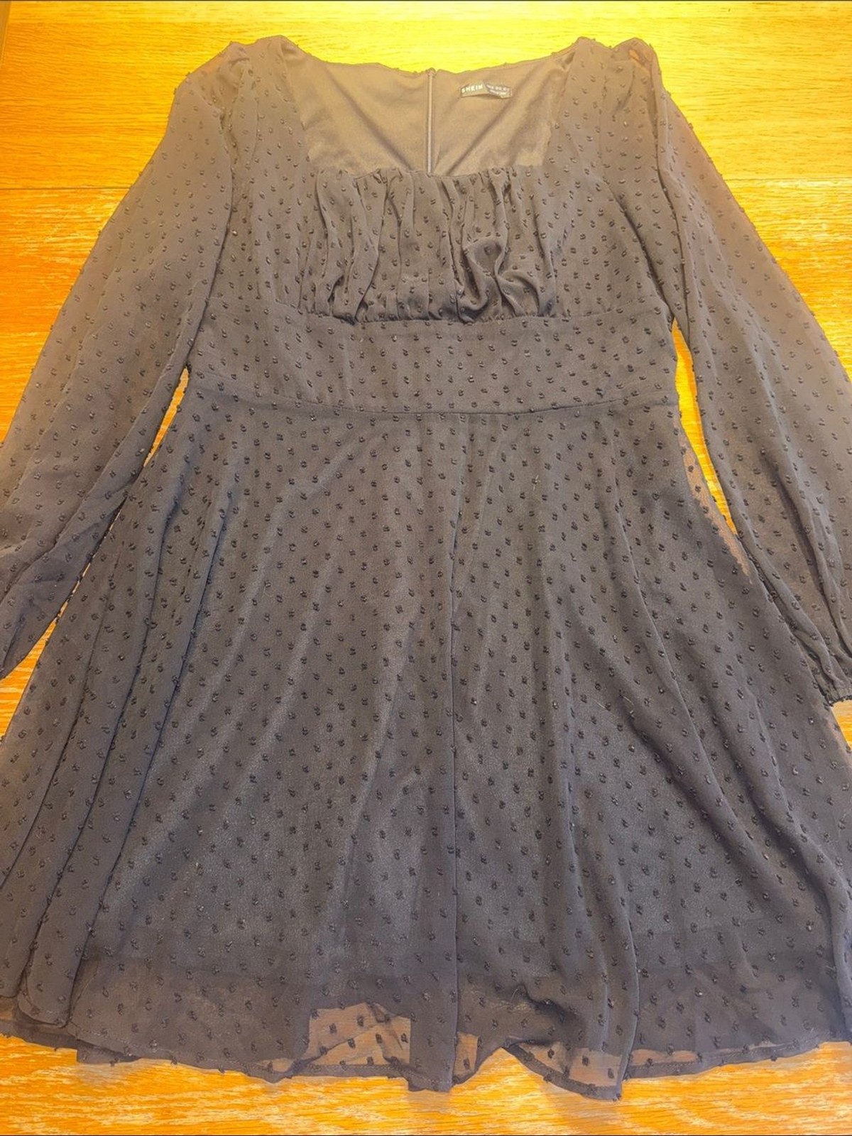 SHEIN Black Long Sleeve Swiss Dot Fit & Flare Dress SHEIN Black Long Sleeve Swiss Dot Fit & Flare Dress
