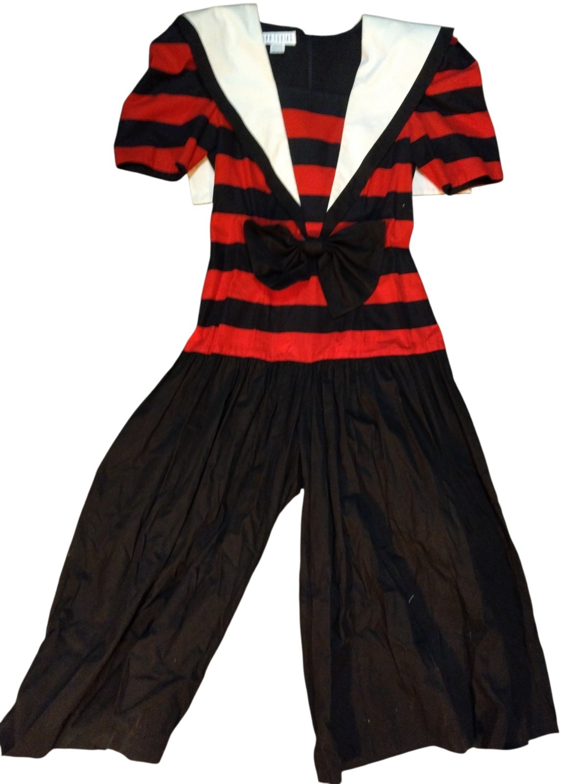 Ann Tobias VTG Red and Black Striped Culotte Jumpsuit, Big Bow Sz 8 Retro 80s 90 Ann Tobias VTG Red and Black Striped Culotte Jumpsuit, Big Bow Sz 8 Retro 80s 90