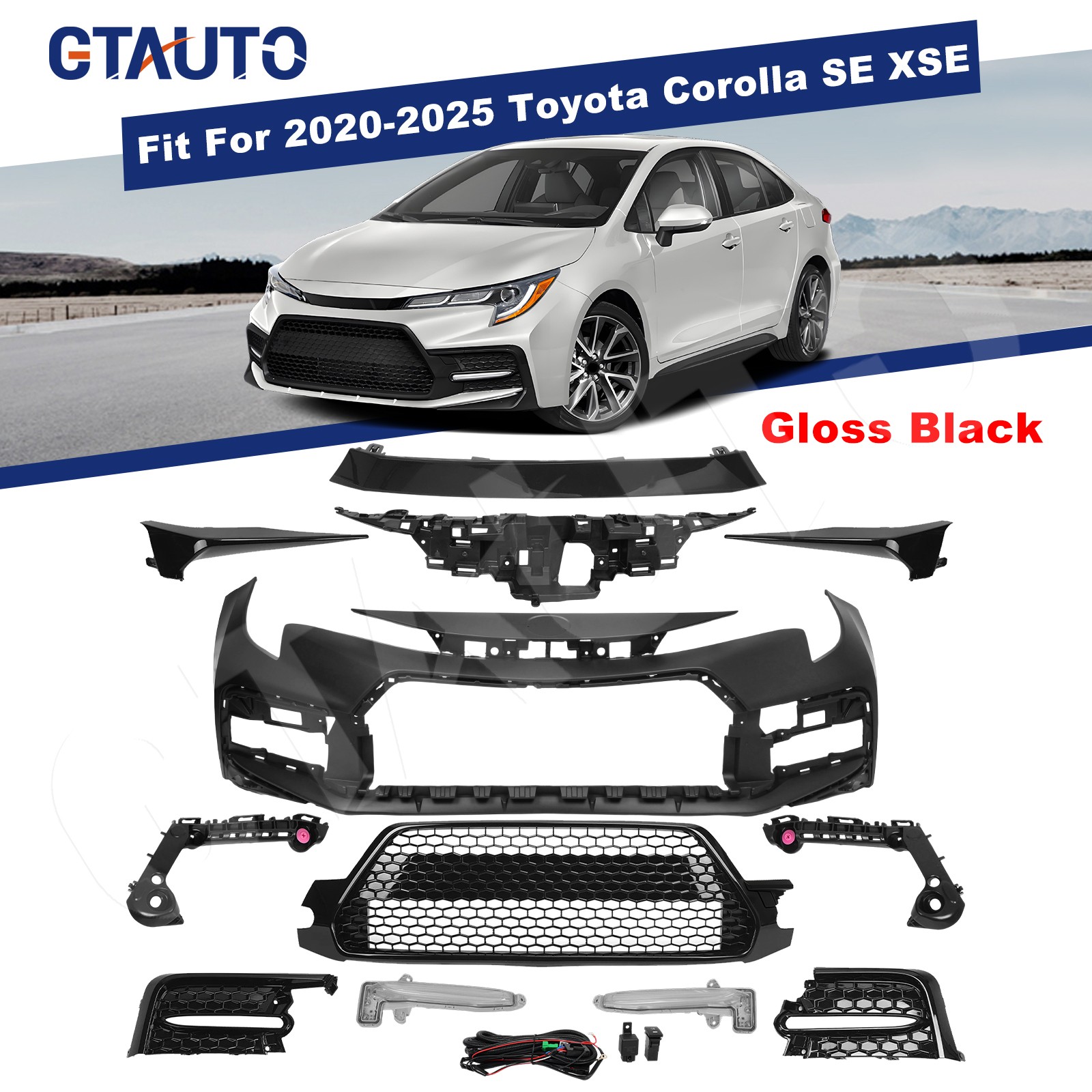 For 2020-2025 Toyota Corolla SE XSE Front Bumper Cover Kit w/Grille Gloss Black For 2020-2025 Toyota Corolla SE XSE Front Bumper Cover Kit w/Grille Gloss Black