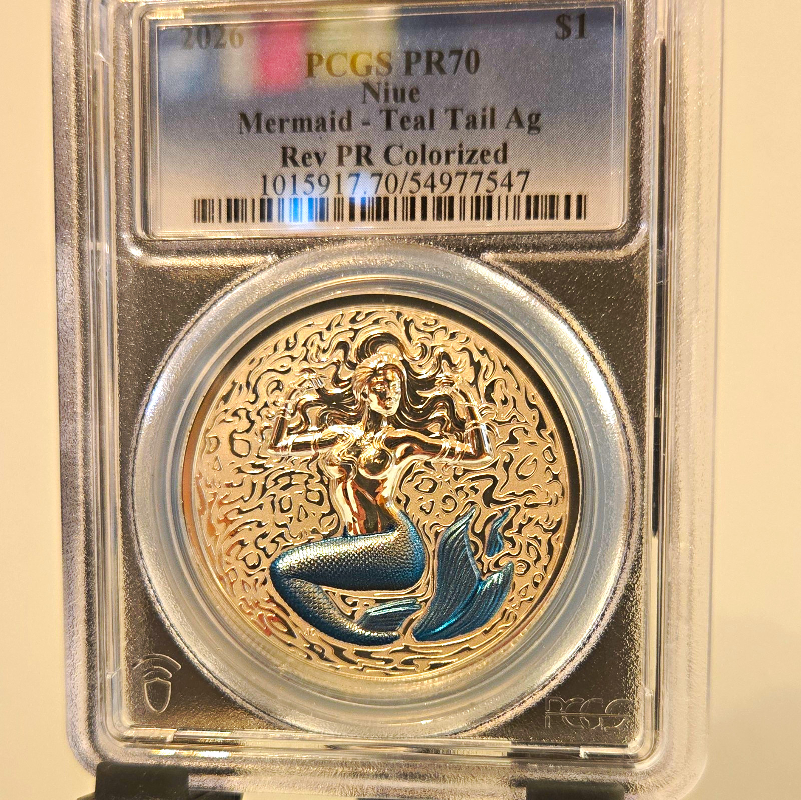 Niue 2026 Mermaid Teal Tail 1oz .9999 Silver Proof PCGS PR70 Colorized