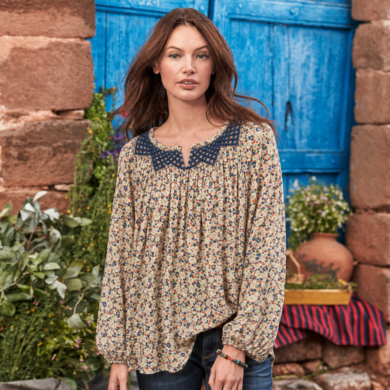 SMALL Sundance Embroidered Floral Printed Long Sleeve Blouse NWOT