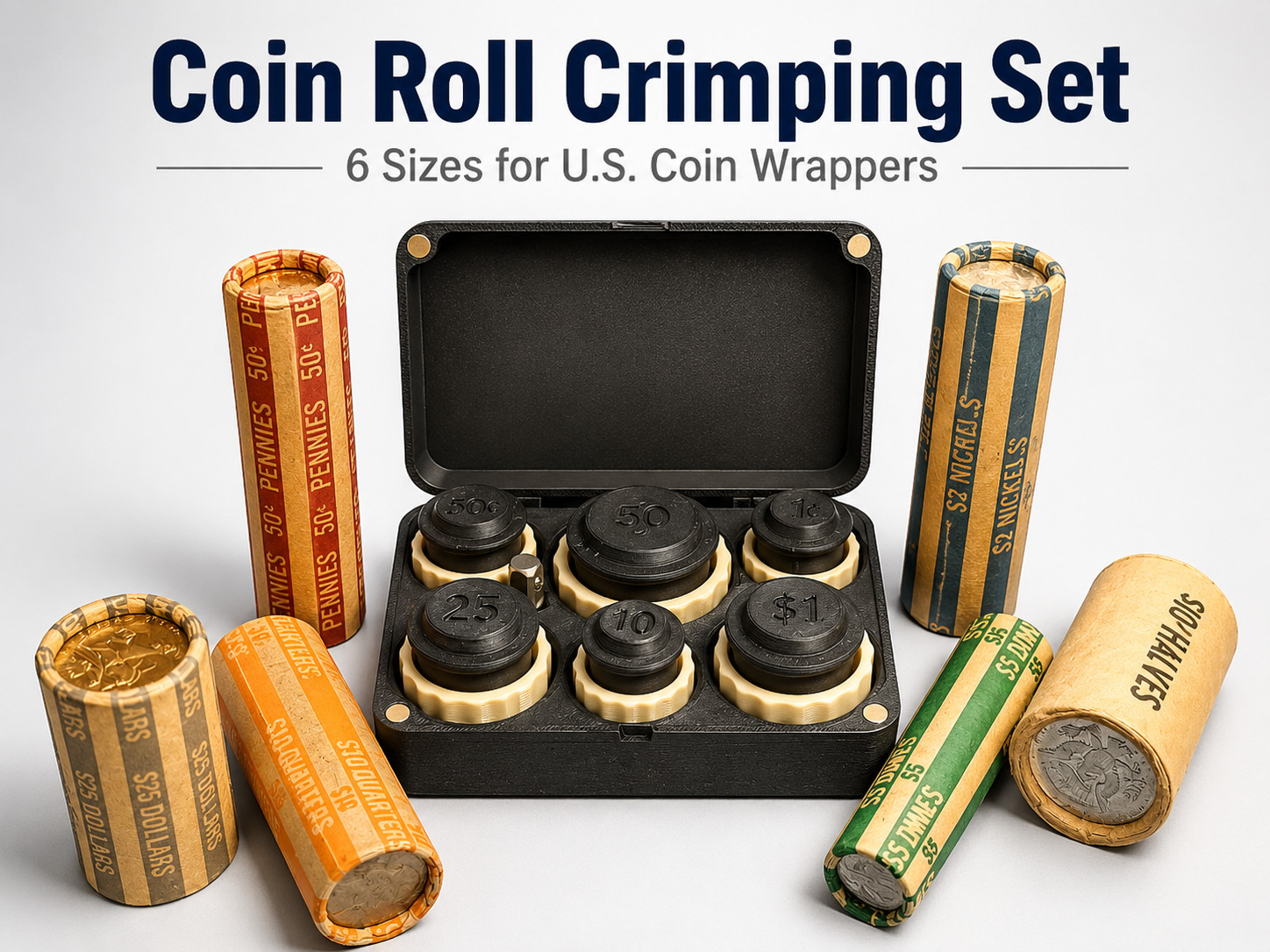14 pc 6 Denomination Coin Roll End Crimp Set with Steel crimp tabs and drive bit