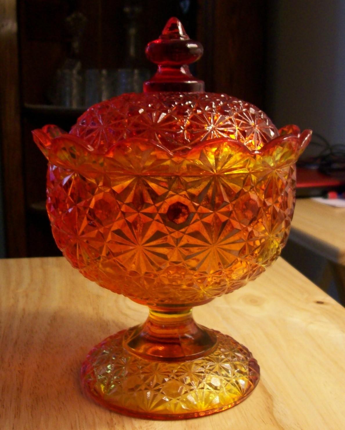 Fenton Daisy & Button Red Compote Lidded Candy Dish Glows