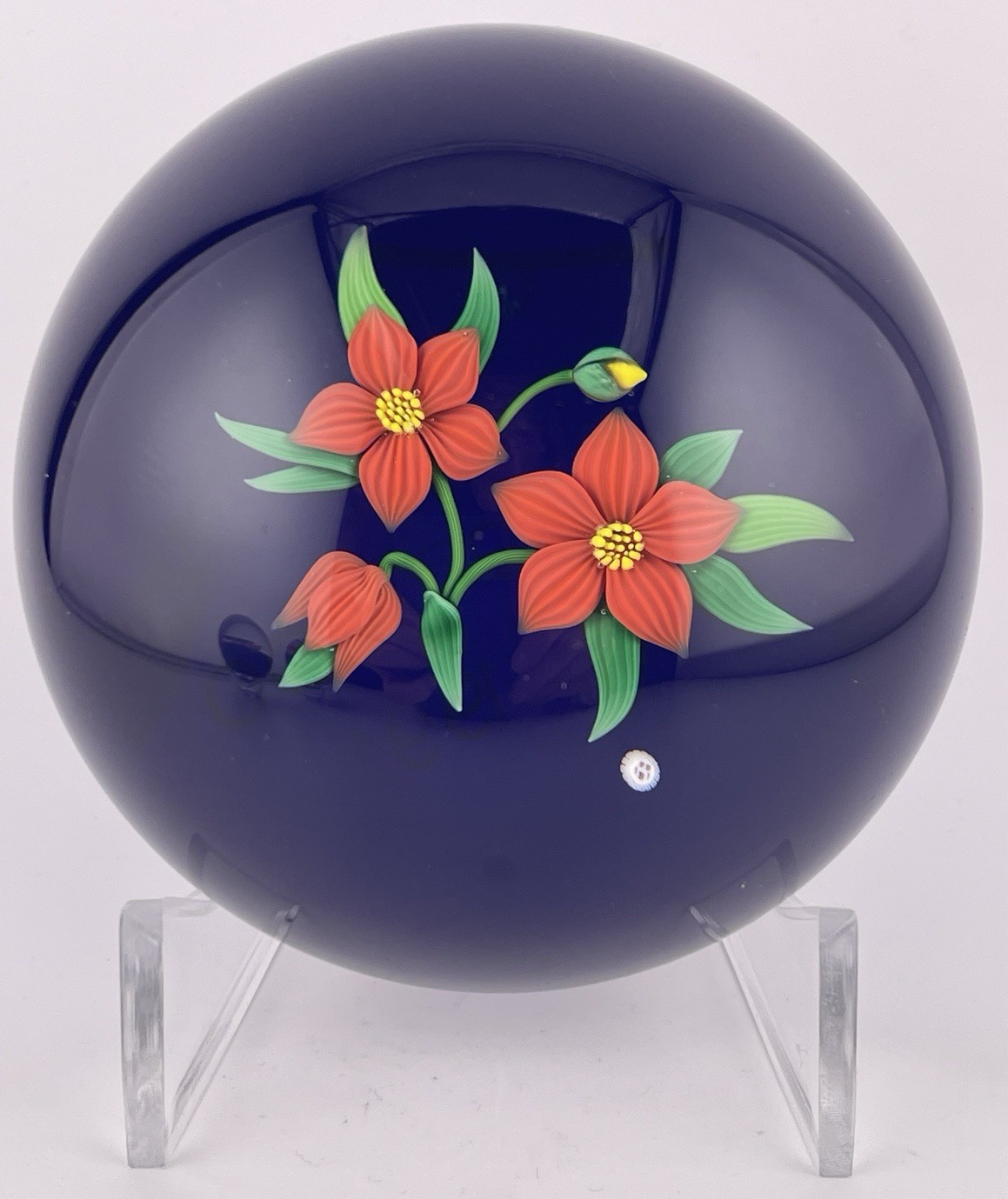 Baccarat 1991 Red Impatiens On Blue Glass Paperweight 3.3\