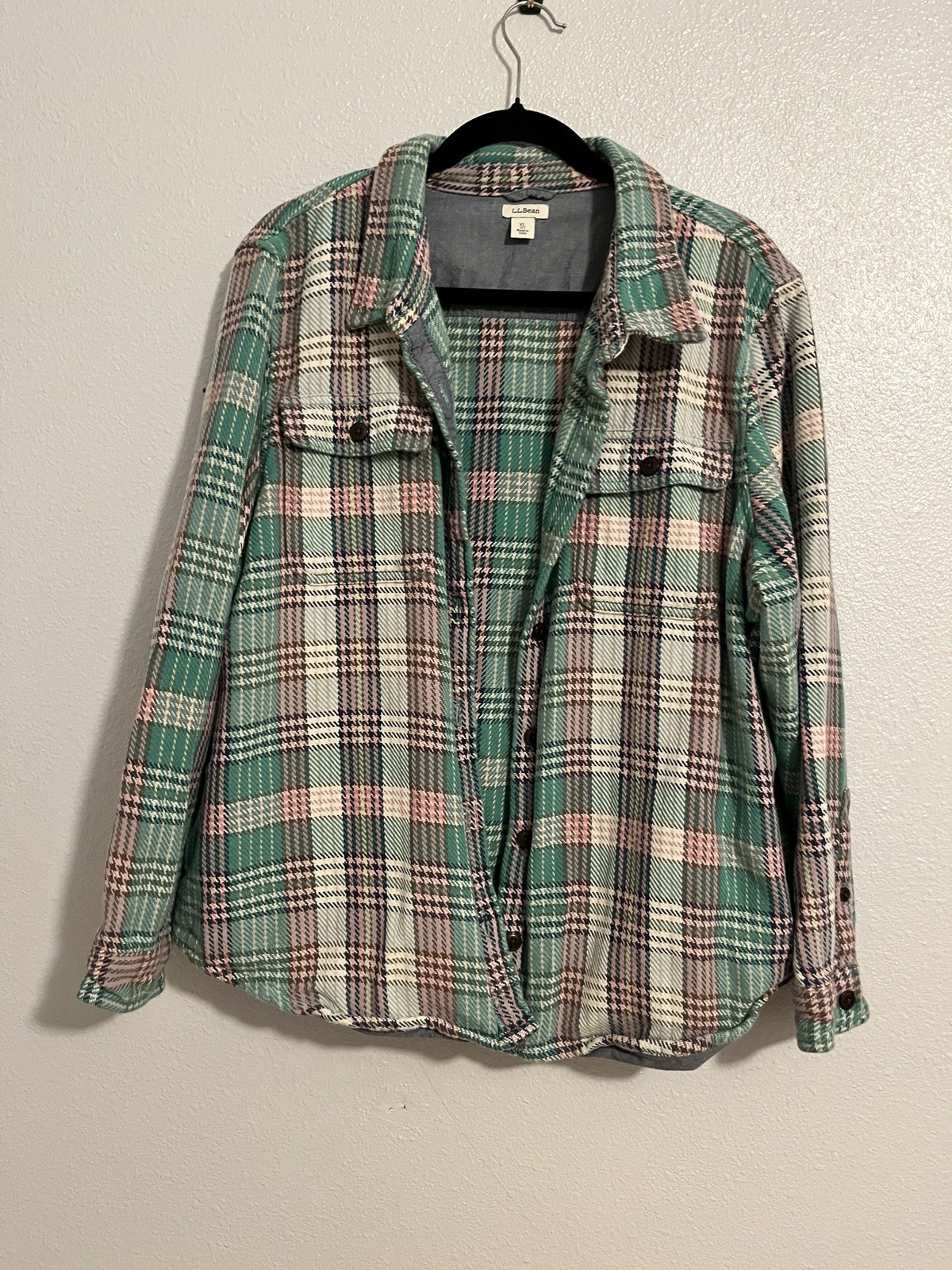 LL Bean 1912 Heritage Plaid Flannel Overshirt Shacket Womens XL Teal Pink