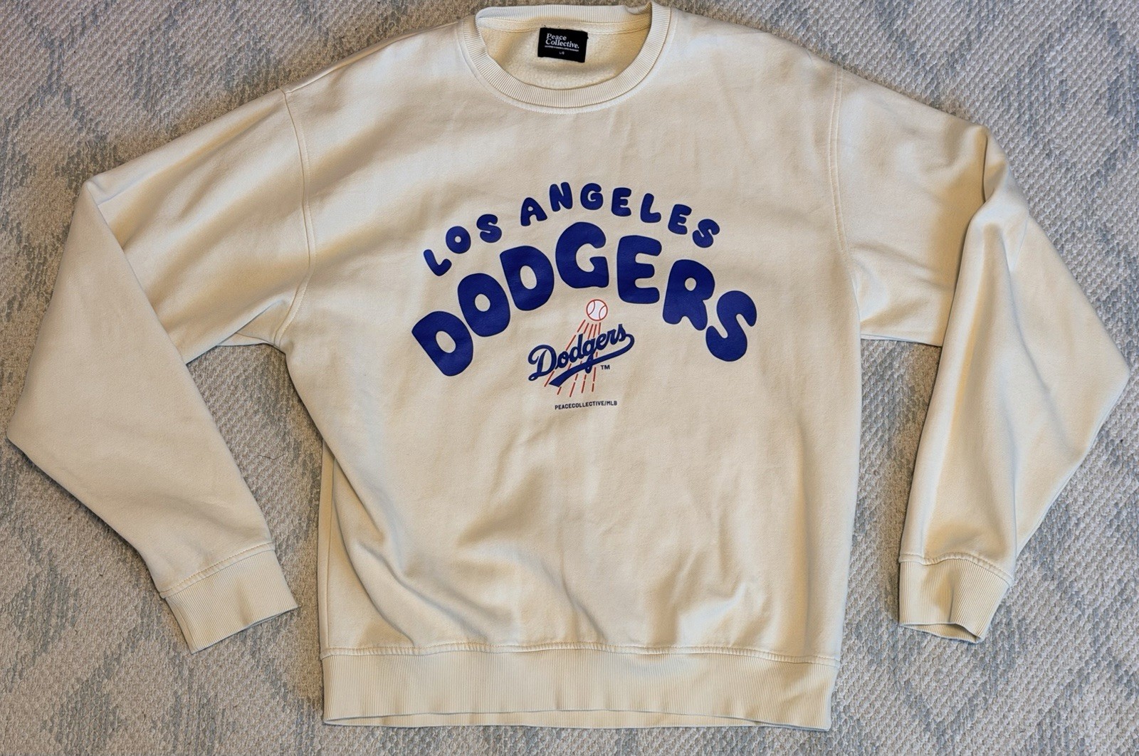Los Angeles Dodgers Peace Collective Bubble Letter Ivory Crewneck Sweatshirt LRG Los Angeles Dodgers Peace Collective Bubble Letter Ivory Crewneck Sweatshirt LRG